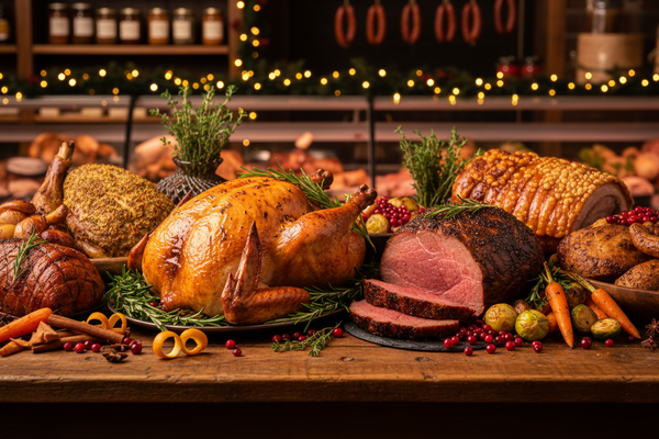 assortment of christmas joints; turkey, beef, pork etc all cooked