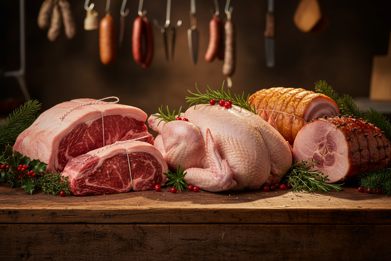 assortment of christmas joints; turkey, beef, pork etc