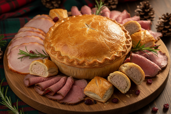 christmas pork pie with no decoratiev pastry surrounded by sliced meats, sausage rolls. pork pie should have a slightly rounded lid and crimped edges