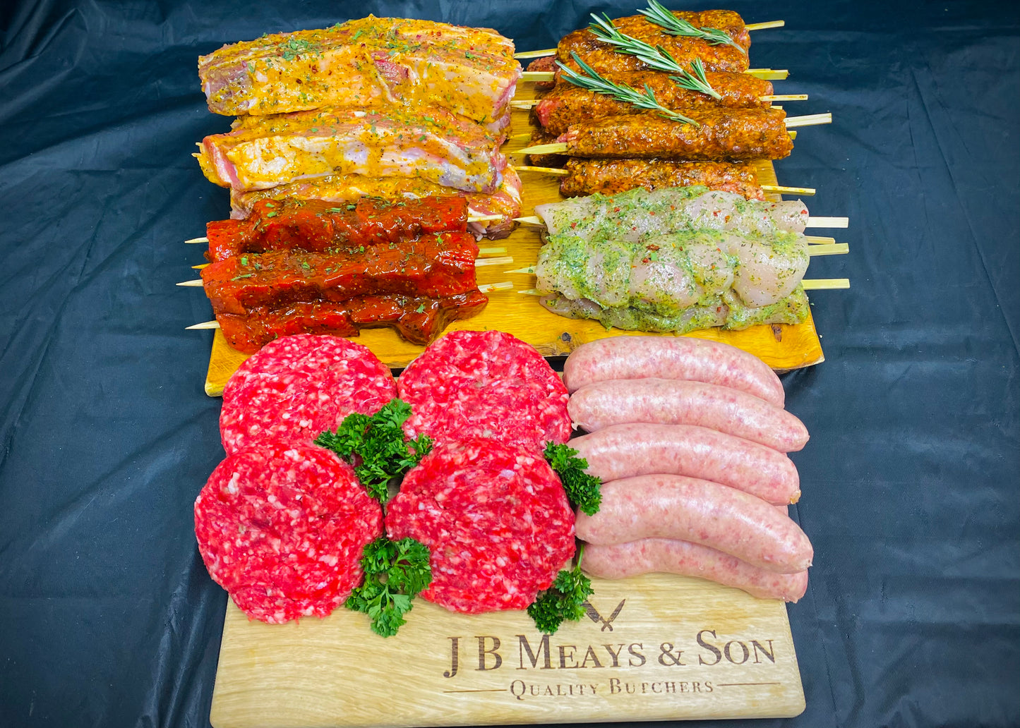 Includes:  8 x Brian's Bangers 8 x Beef Burgers 4 x Garlic & Herb Chicken Kebabs 4 x Texan Beef Kebabs 8 x Lamb Grillsticks 8 x Salt & Pepper Ribs (Serves 8+ People)