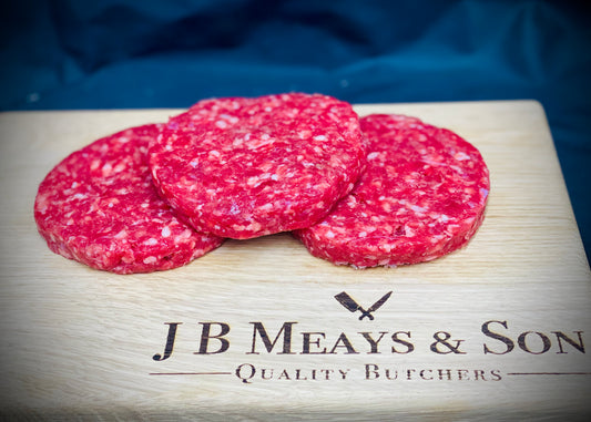 Freshly prepared, handmade beef burgers.